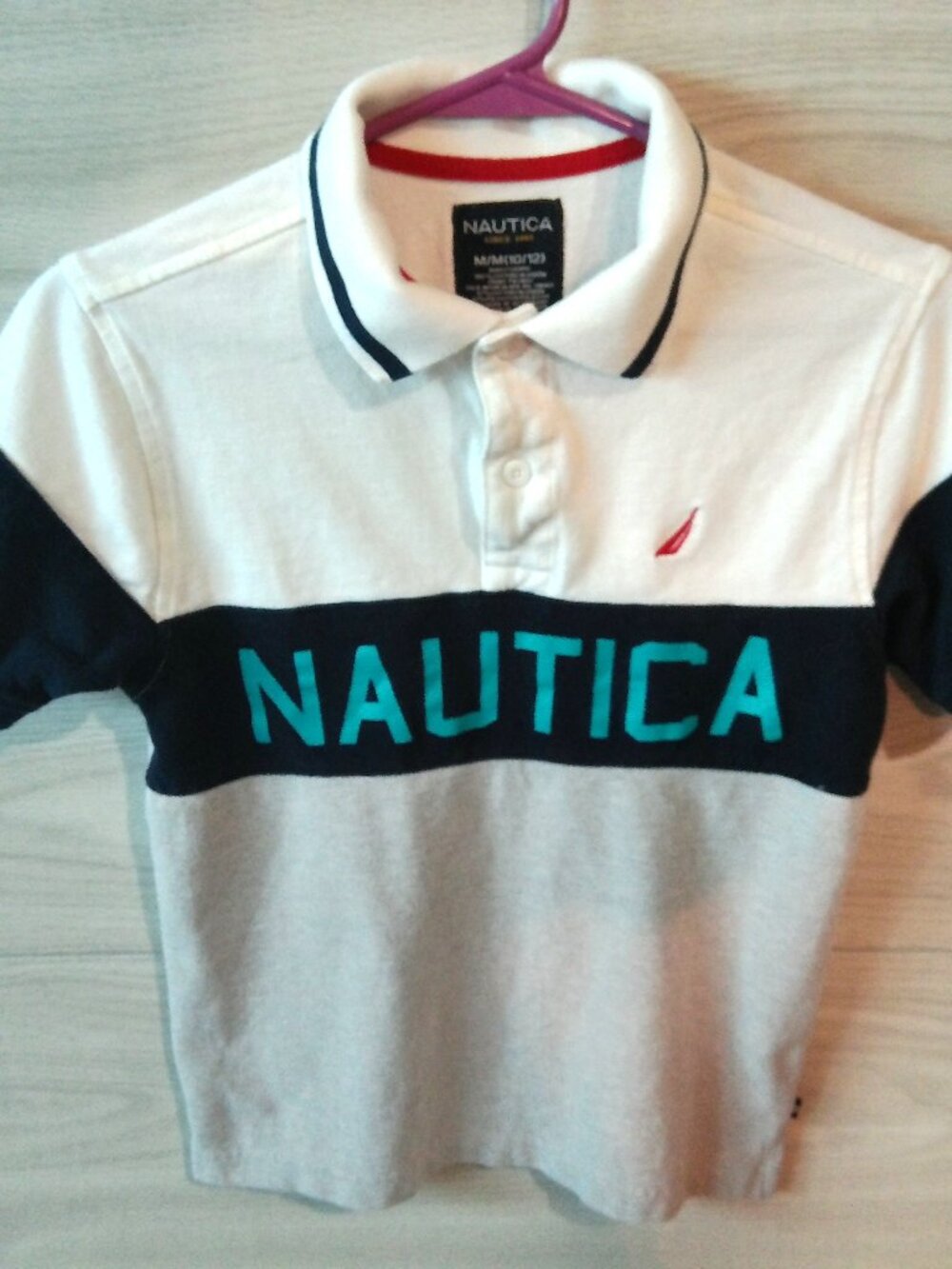 Nautica Boys Polo Shirt Size Medium (10-12) Short Sleeves White, Blue, Gray
